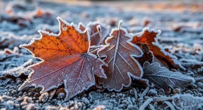 Frosty autumn leaves on ground, close-up