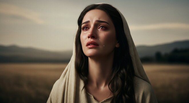 Mary Magdalene Looking to God. A powerful and emotional depiction of the biblical character in tears, conveying sorrow, devotion, and faith. Ideal for religious content and spiritual designs.
