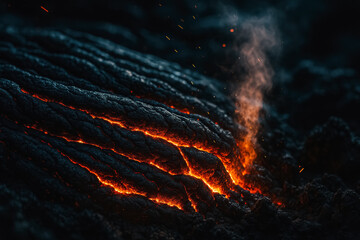Ropy pāhoehoe lava ridges with glowing cracks and steam—intense volcanic texture macro. generative AI