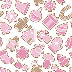 Seamless vector pattern with gingerbread cookies in holiday shapes. Festive Christmas background with traditional baked sweets outline for winter celebration and decoration design.