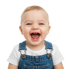 Happy baby in denim overalls isolated on transparent background