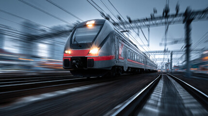 Naklejka premium Fast train moving on railway tracks during twilight with blurred background highlighting speed and motion in a modern urban setting.