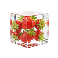 Fresh Strawberries Trapped in Ice Cube Refreshing Summer Treat Cold Dessert Fruit Infusion on transparent background
