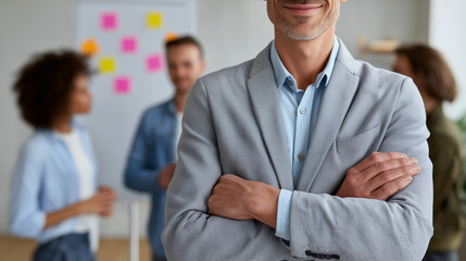 Confident business leader with arms crossed in front of team during office meeting on light background