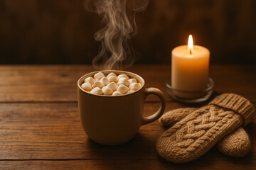 Steaming hot chocolate with marshmallows beside knitted mittens and candle—winter hygge comfort. generative AI