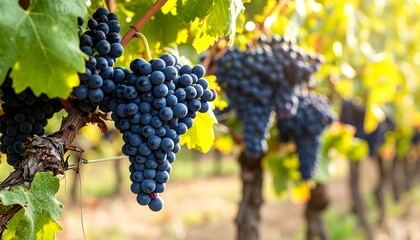 Clusters of plump, dark purple grapes hang heavy on vines.  Sunlight highlights the rich color.  Green leaves and stems surround the grapes in a vineyard setting
