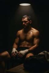 Fototapeta premium Boxer rests under locker-room light, hands taped, eyes closed—the calm before the fight; grit and discipline. generative AI