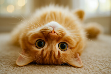 Cute upside-down ginger cat with huge eyes on soft carpet—playful pet portrait and cozy home feel. generative AI
