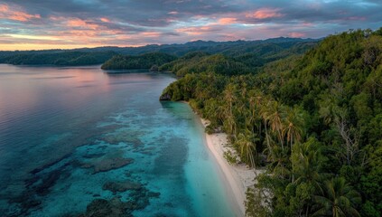 A tranquil tropical beach scene at sunset, showcasing a pristine coastline with lush greenery and vibrant turquoise waters.