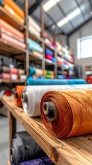 Colorful fabric rolls on wooden shelves in a store