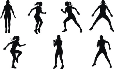 Silhouette woman exercising, workout training, fitness jump, aerobic activity, sports movement, active lifestyle, cardio exercise, gym routine, athletic female illustration