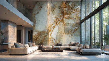 A high-end, contemporary living space featuring an impressive onyx or marble slab accent wall, minimalist decor, and plush modular sofas, ideal for modern architectural projects