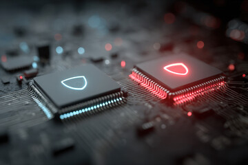 A powerful image representing digital defense and threats on a microchip. The juxtaposition of a secure blue shield and a dangerous red one highlights the constant battle in cybersecurity