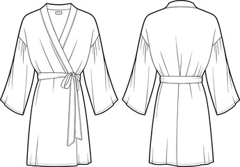 Belted women’s kimono robe with wide sleeves, front and back flat sketch, minimalist fashion design, CAD vector illustration