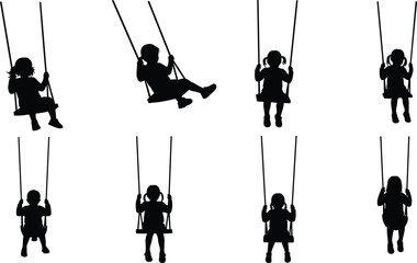 Silhouette children on swings, kids outdoor playground, childhood fun, girl and boy playing, leisure activity, happy childhood, park play illustration