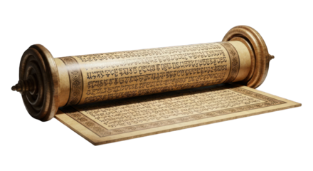 Aged scroll with ornate wooden handles revealing ancient writing on parchment