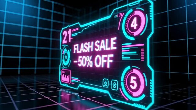 Futuristic digital display announces a limited time flash sale with a 50% discount, highlighting urgency and savings. - Powered by Adobe