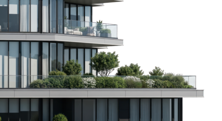 Apartment balconies with green gardens and transparent railings
