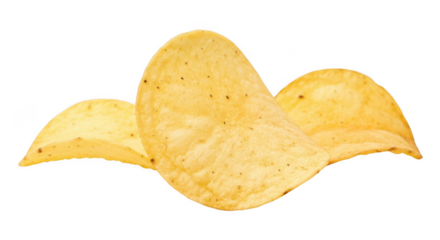 Three golden potato chips isolated on a transparent background, a popular crunchy and salty snack food