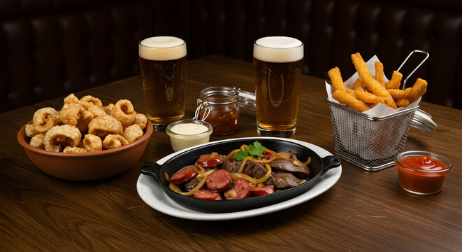 Savory Snack Table with Pork Cracklings, Calabresa, Onion F&iacute;gado, and Crispy French Fries for Sharing