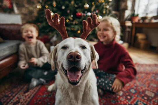 labrador cute dog in reindeer rudolf costume with antlers near christmas tree at home, with kids laying together	
