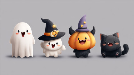 Obraz premium Halloween clipart including a witch hat, ghost, pumpkin, and black cat. Cute vector cartoon characters with a boo look and a sinister smile. Cosplay costume sticker set for a fall party. PNG render of