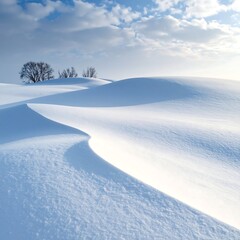 Snow-covered hills under a partly cloudy sky