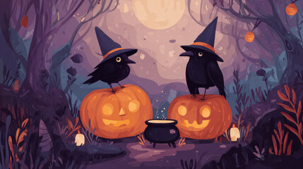 Halloween pumpkin, jack-o'-lantern, and crow wearing wizard hats with a magic cauldron, vector cartoon illustration for eerie autumn décor, posters, party invites, and holiday greeting cards. 