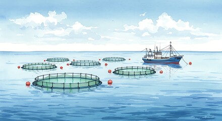 Fishing boat with aquaculture cages on the sea. Fish farm with nets for seafood production. Ocean industry technology.
