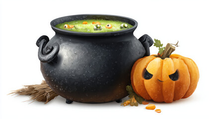 A realistic vector Halloween green brew with eyes in a black witch's cauldron. A joyful expression Isolated on white are a Halloween pumpkin and cauldron.