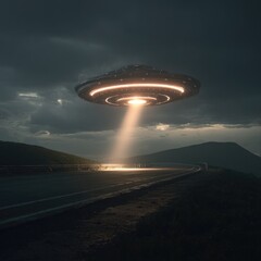 A majestic, dark-hued spacecraft, emitting a radiant beam of light, hovers ominously over a winding road, bathed in the subdued ambiance of a twilight sky.