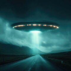 A mesmerizing, otherworldly scene depicts a futuristic spacecraft descending over a tranquil, misty roadway, bathed in ethereal light.