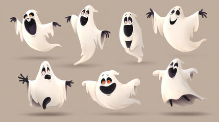Fototapeta premium A collection of eerie spectral figures in various aerial positions. Illustration of a vector cartoon