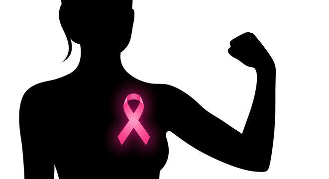 Silhouette of a woman flexing her arm, symbolizing strength, with a pink ribbon on her chest representing breast cancer awareness.