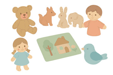 Naklejka premium Pastel Felt Toys. Isometric vector illustration set Felt toys and figures: felt teddy bear, animal cutouts, puppet, doll,