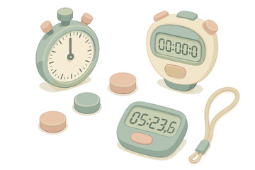 Classic Stopwatches Icons. Isometric vector illustration set Classic stopwatches: analog stopwatch, digital stopwatch, start