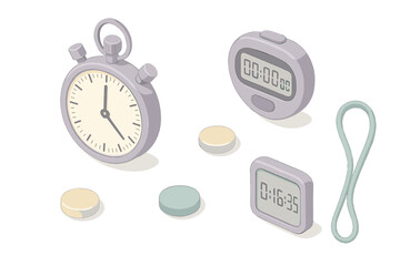 Classic Stopwatches Icons. Isometric vector illustration set Classic stopwatches: analog stopwatch, digital stopwatch, start