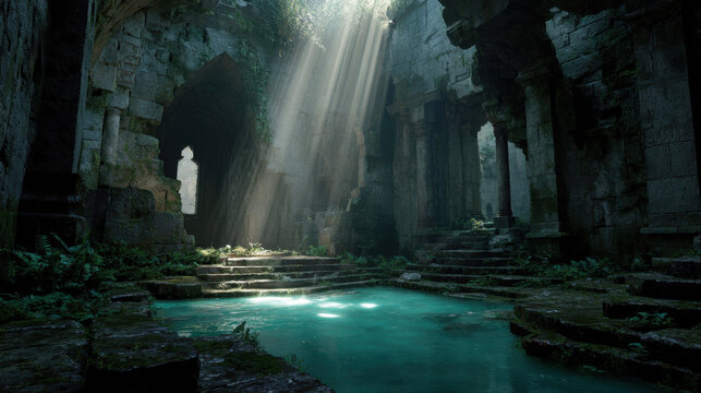 Ancient temple ruins illuminated by cascading sunlight with moss-covered stones and a serene turquoise pool surrounded by lush greenery and vibrant ferns.