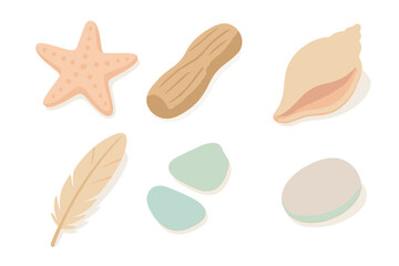Beachcombing Treasures. Isometric vector illustration set Beachcombing finds: starfish, driftwood, conch shell, sea glass, feather