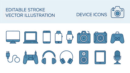 Collection of modern electronic device icons including computer monitor tablet smartphone smartwatch camera and game controller silhouette