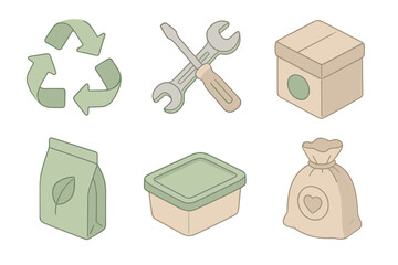 Circular Economy Icons. Isometric vector illustration set Circular economy: recycle loop, repair tools, refurbished box, eco