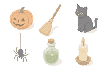 Halloween Icon Set. Isometric vector illustration set Creepy holiday icons: pumpkin carve lantern Halloween, broomstick, black cat