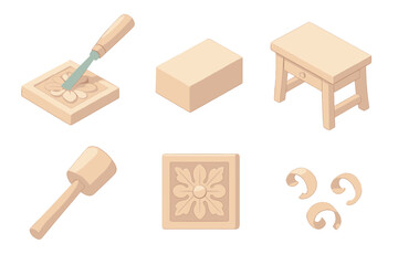 Woodworking Tools and Artistry. Isometric vector illustration set Handcrafted wooden art: carving chisel detail figure, wooden