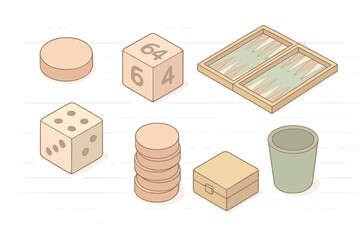 Classic Board Game Elements. Isometric vector illustration set Classic board game elements: backgammon piece doubling cube, game