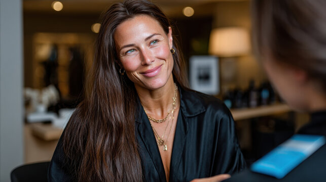 A woman in a sleek black outfit smiles during a beauty consultation, depicting confidence in personal care and the anticipation of a fresh new look and style adjustments.