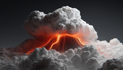 A dramatic volcanic eruption, depicted as molten lava streams from a massive, cloud-covered peak, against a dark backdrop.