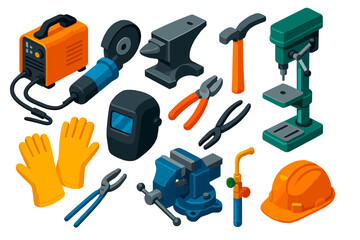 Metalworking Tools Icons. Isometric vector illustration set Metalworking Tools: welding machine, grinder, anvil, hammer, pliers,
