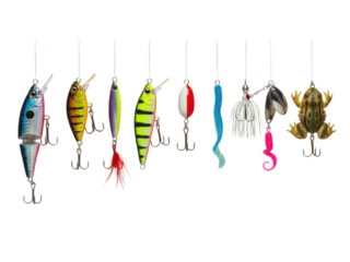 Colorful fishing lures hanging against a black background, various shapes