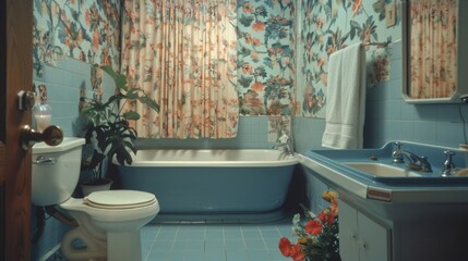 This vintage bathroom features intricate floral wallpaper, a blue bathtub, and decorative plants, reflecting a unique retro charm and an inviting atmosphere for relaxation.
