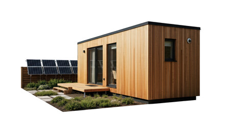 Fototapeta premium Compact wood home, solar panels, modern design